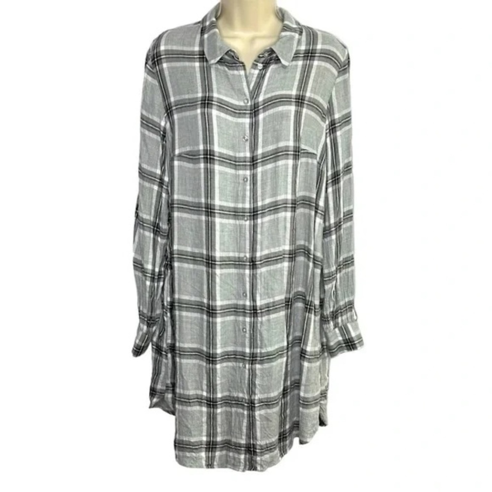 H&M Gray Black Plaid Long Length Button Up Tunic Shirt Size 10/12